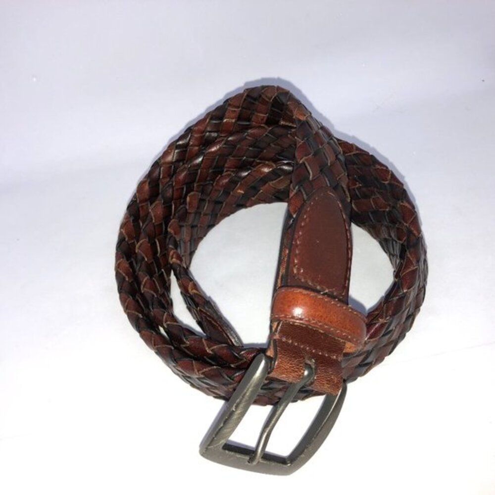 Brown Black 2-tone Leather Belt‎ Weave Pattern Metal Buckle 38/95